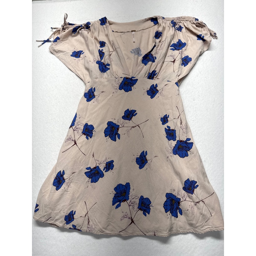 Free People Blue Floral Poppy Mini Dress Beige V-Neck Tie Shoulder Size 2